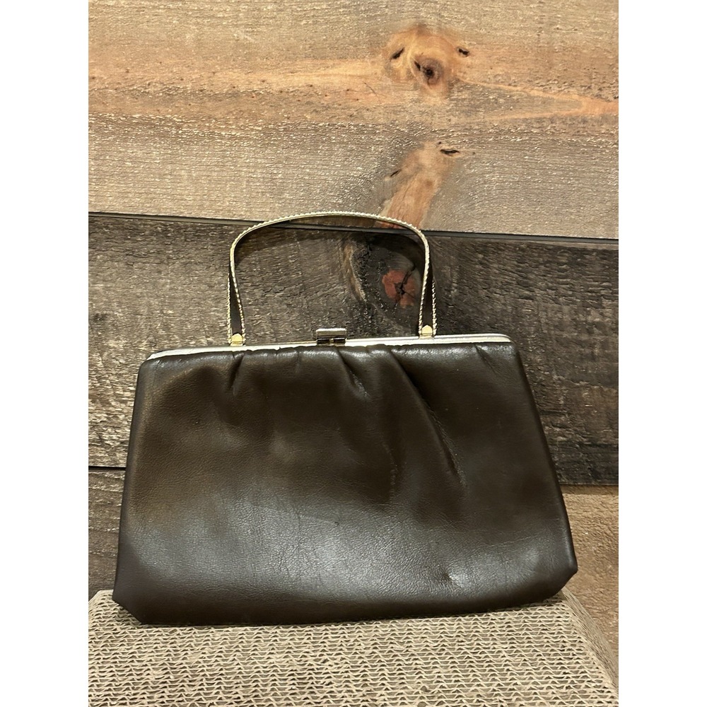 Vintage Brown Soft Leather Metal‎ Handle Folds In To Make A Clutch Lift Button